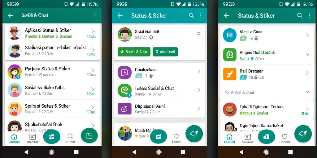 Tampilan antarmuka aplikasi 9939 dengan berbagai stiker dan status.