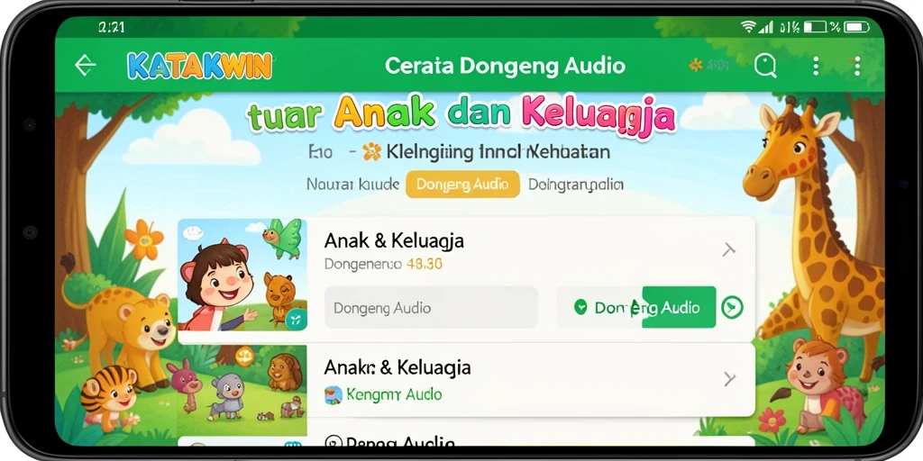 Antarmuka aplikasi KATAKWIN yang ramah anak dengan pilihan cerita menarik.