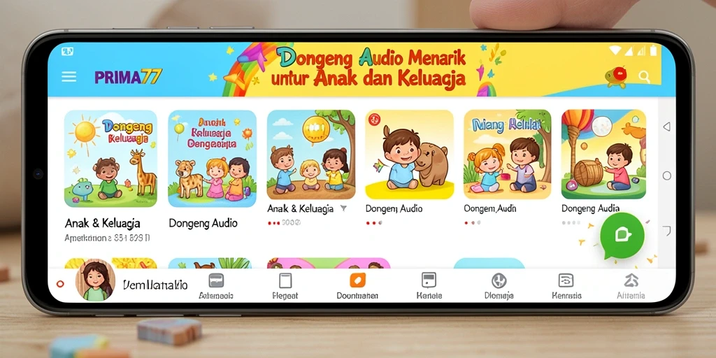 Antarmuka aplikasi PRIMA77 menampilkan beragam pilihan dongeng audio untuk anak.